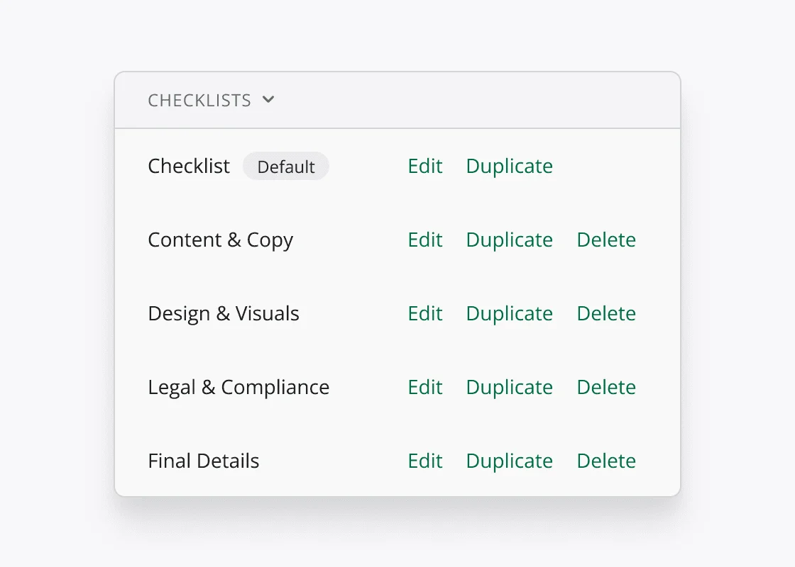 Approval checklist interface showing customizable requirements and sign-off options